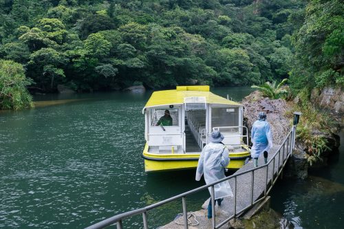 Embarcadère pour le bateau traversant le fleuve Urauchi sur l'île d'Iriomote dans la Préfecture d'Okinawa, Japon