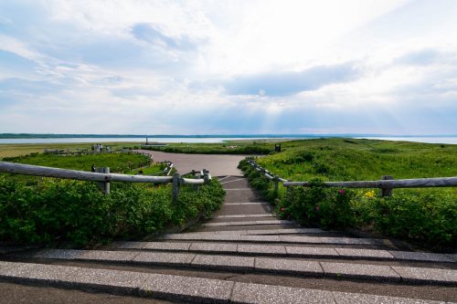 Vue sur la Mer d'Okhotsk depuis le jardin aux fleurs Koshimizu Genseikaen à Koshimizu-cho, Hokkaido, Japon