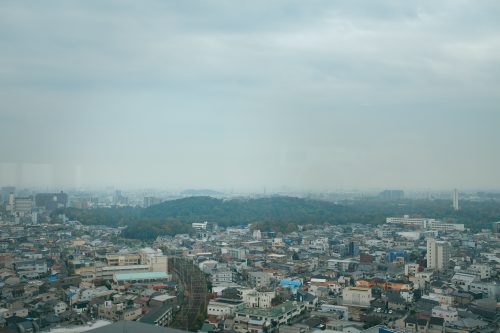 Vue sur les kofun depuis le Sakai City Hall, à Sakai, Osaka, Kinki, Japon