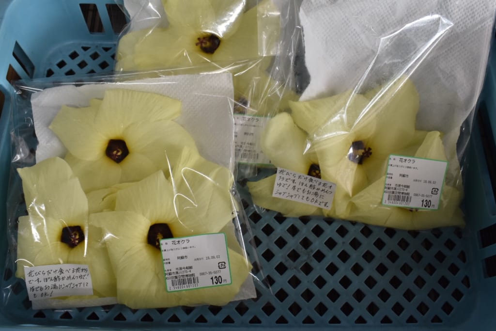 Fleurs emballées, mises en vente dans la michi-no-eki à Aso