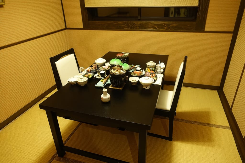 Salle à manger privative du ryokan où un repas traditionnel kaiseki est disposé sur la table