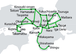 carte du réseau de transport accessible avec le pass régional JR Kansai WIDE Area Pass