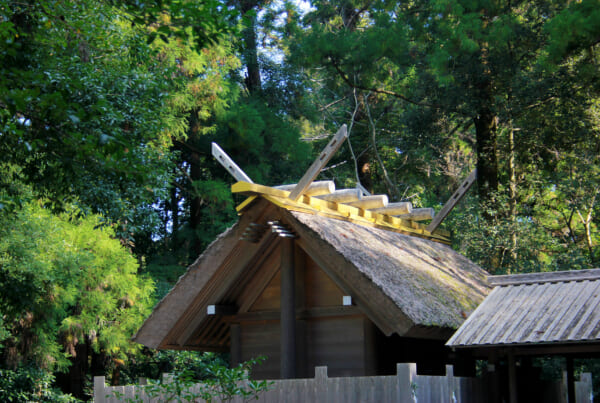 un sanctuaire en bois au milieu d'une forêt, le bâtiment est de couleur naturelle et l'arrête du toit est recouverte d'or