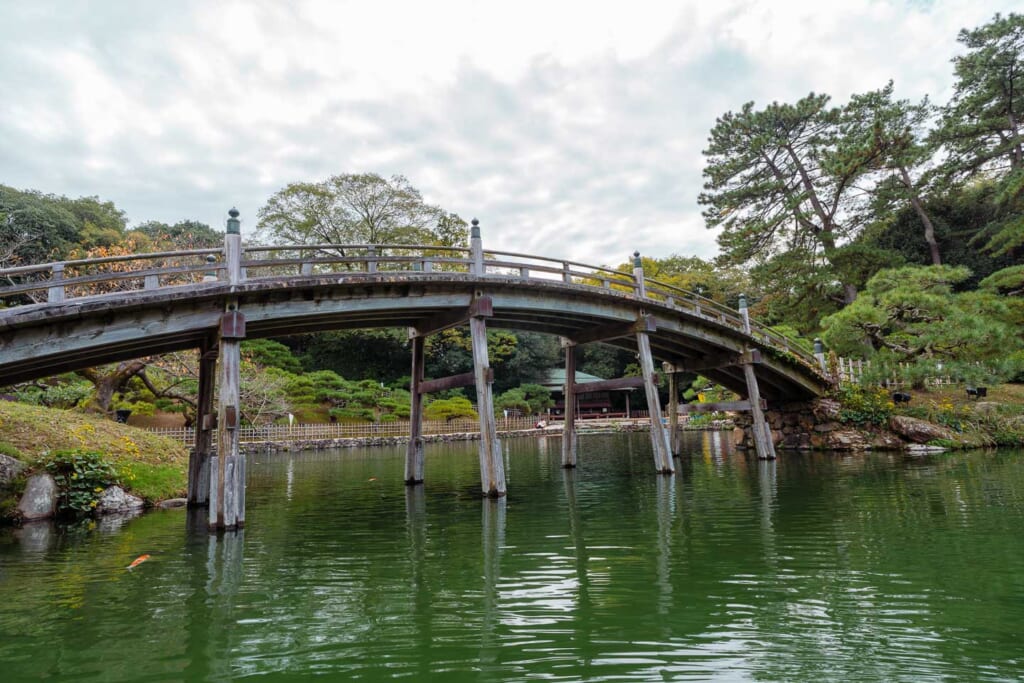 Un pont en bois au-dessus de l'étang d'un jardin japonais