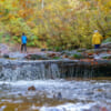 deux hommes marchent le long d'un ruisseau avec une petite cascade