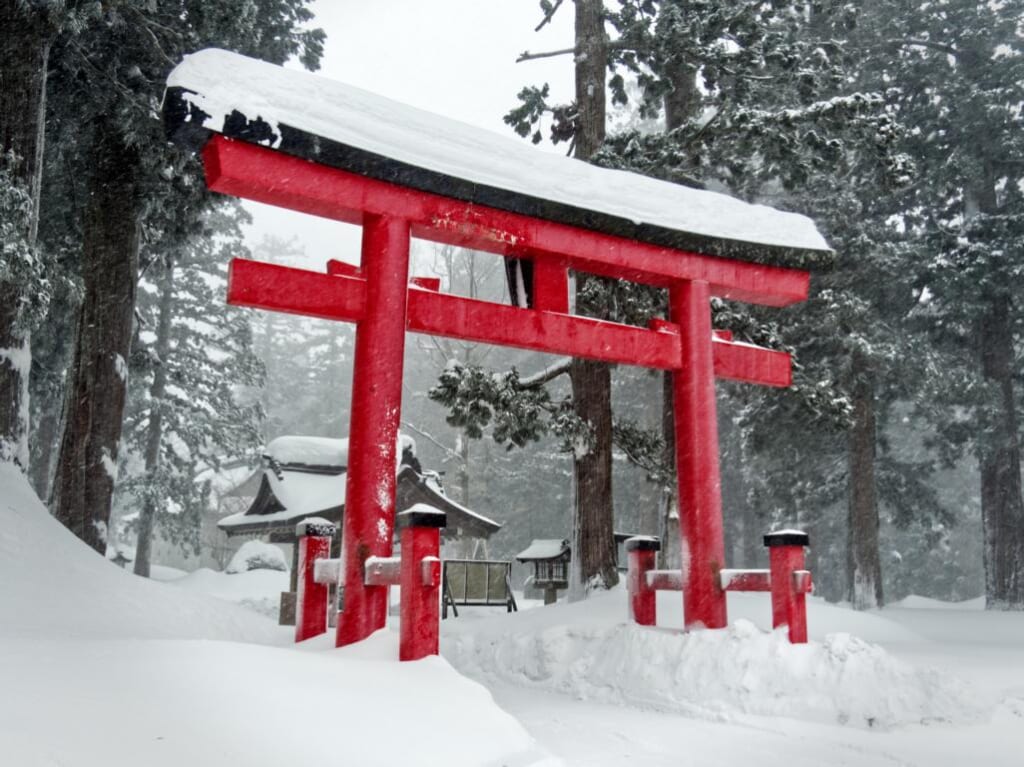 porte torii rouge sous la neige durant l'hiver au Japon