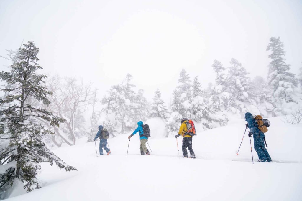 Trois personnes en train de faire du ski de randonnée au Japon