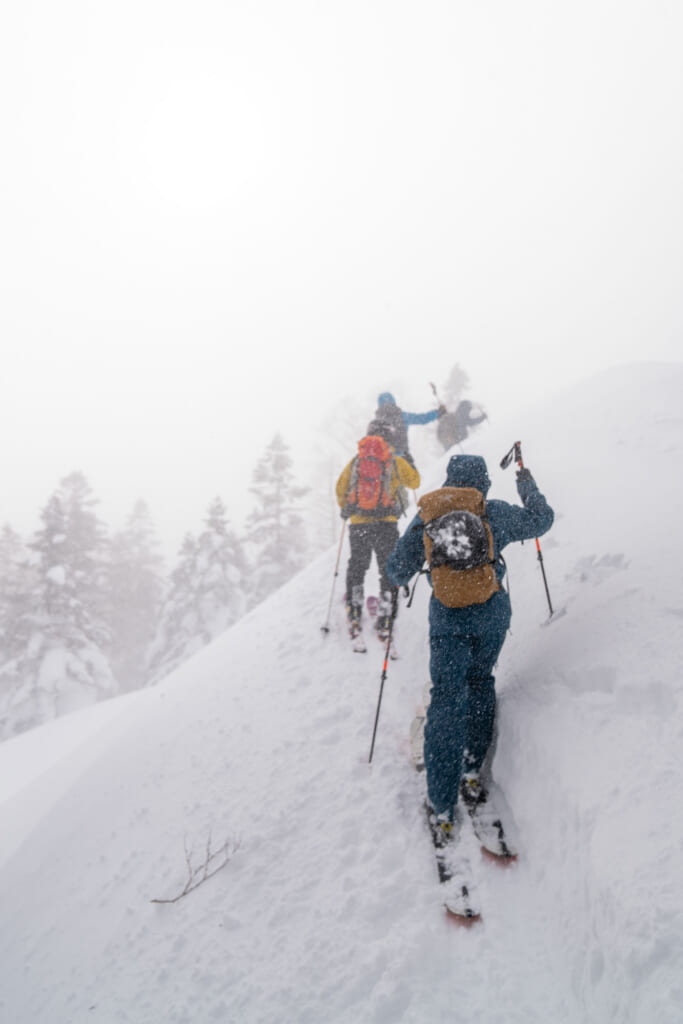 Un groupe de skieurs grimpent le flanc d'une montagne à Hachimantai
