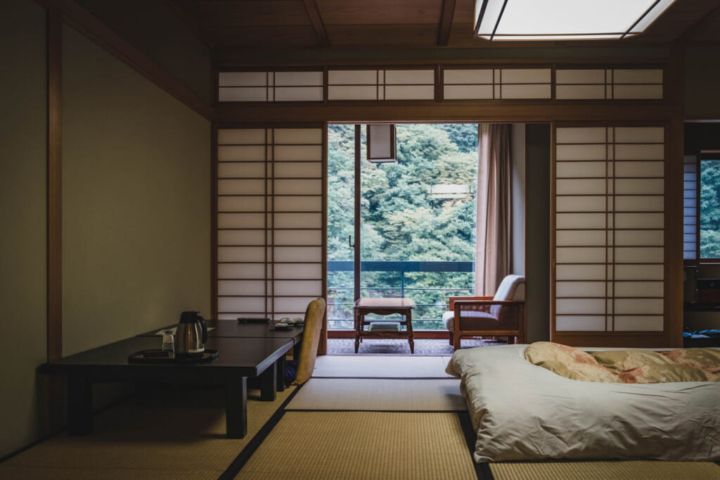 Chambre dans une auberge traditionnelle japonaise ryokan avec vue sur la nature