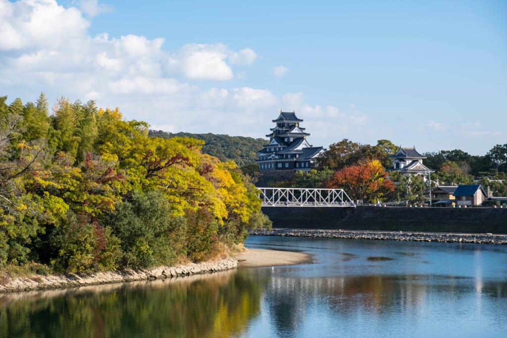 Vue sur le château d'Okayama et la rivière Asahikawa en automne avec des arbres aux feuilles jaunes et rouges 