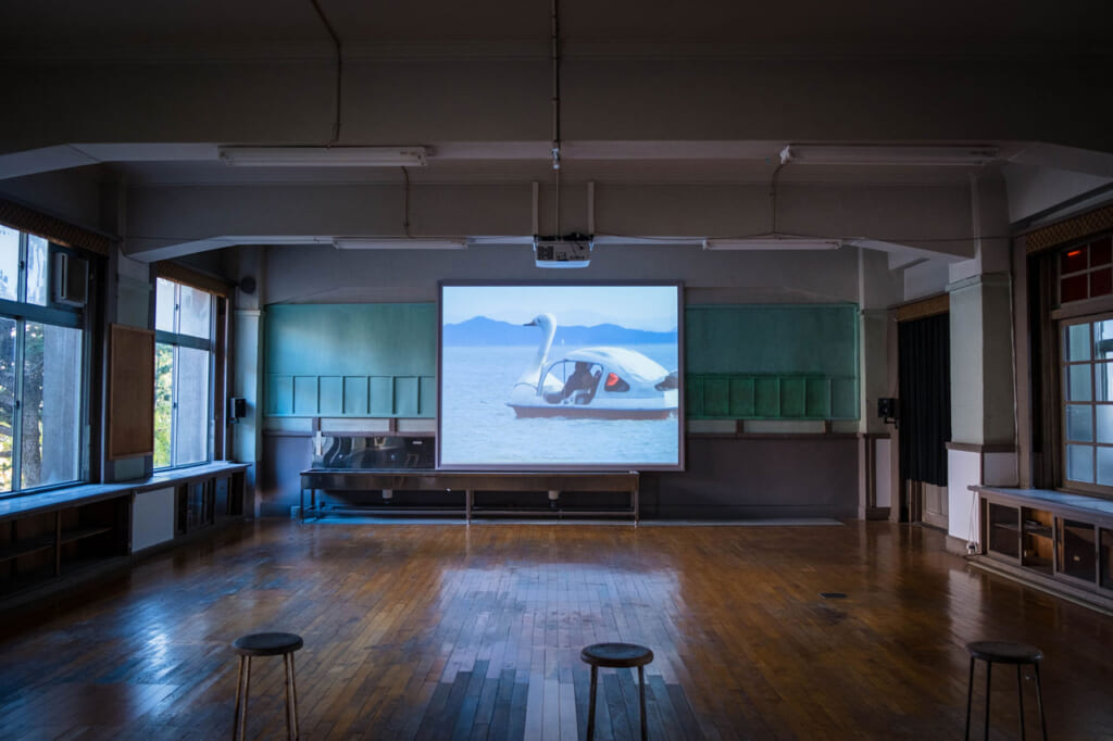 Shimabuku, Swan Go To The Sea, une œuvre vidéo où on voit un cygne pédalo, projetée dans une salle de classe pendant l'Okayama Art Sumit