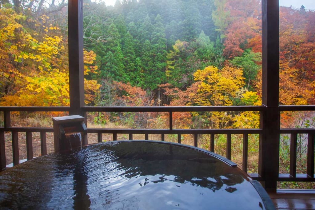 bain rotenburo extérieur avec vue sur les forêts japonaises durant l'automne