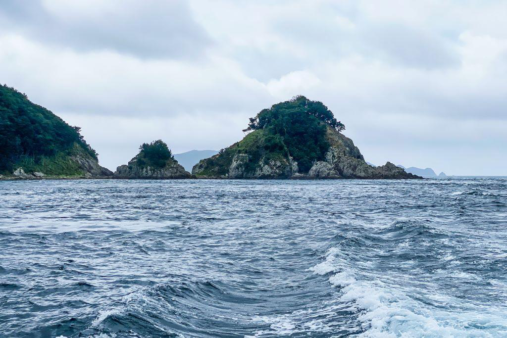 Des îlots de roche couverts d'arbres au Japon