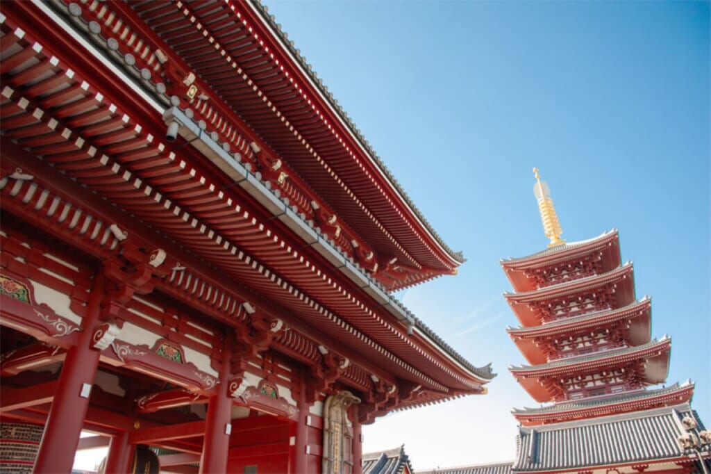 La porte Hozomon et la pagode à cinq étages du temple Sensoji de Tokyo.