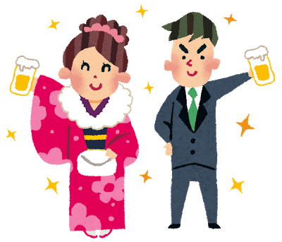 Ilustración de una mujer vestida con kimono y un hombre con traje sosteniendo cerveza en Japón