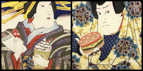 Comida occidental en Japón junto a dibujos del periodo Edo