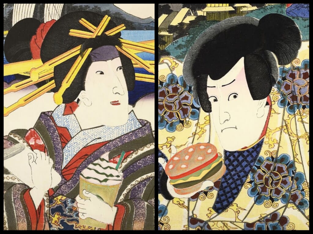 Comida occidental en Japón junto a dibujos del periodo Edo