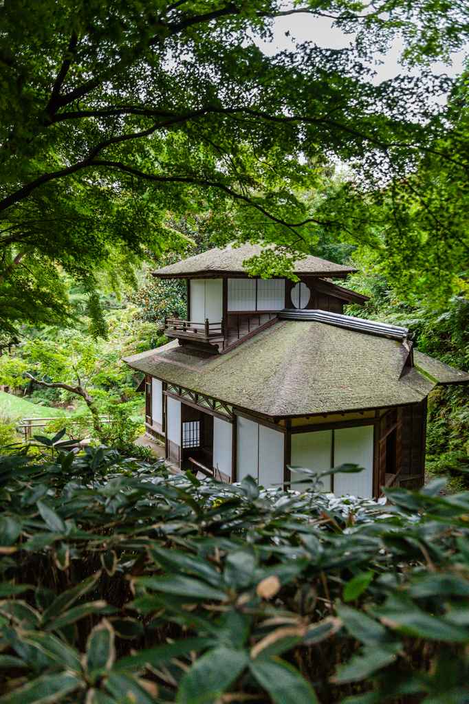 Una caseta japonesa rodeada de naturaleza en un parque japonés 