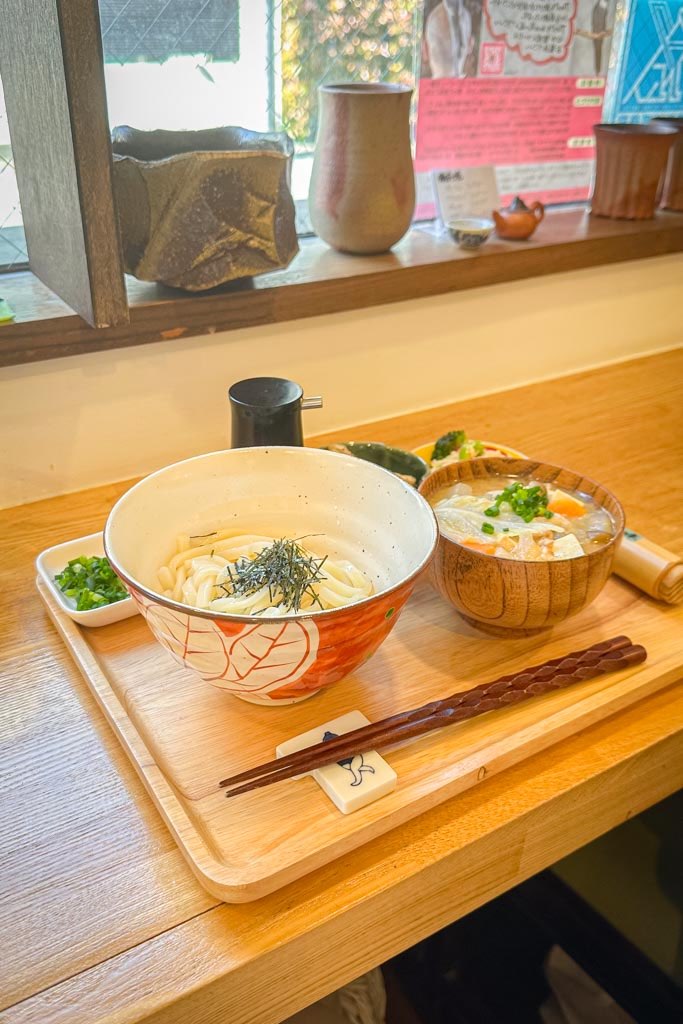 Un plato de udon con sopa de miso