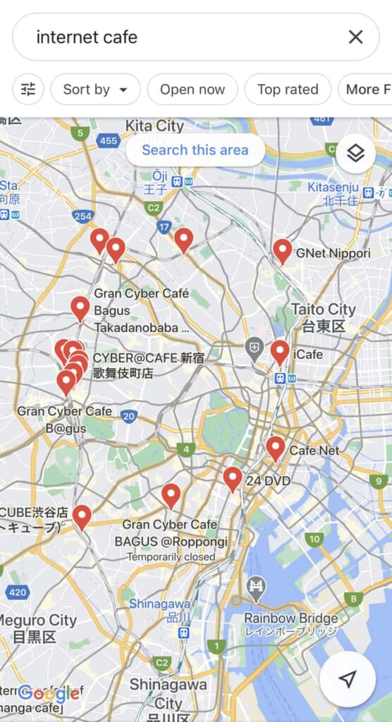 Übersichtskarte von Manga-Cafés in Tokio.