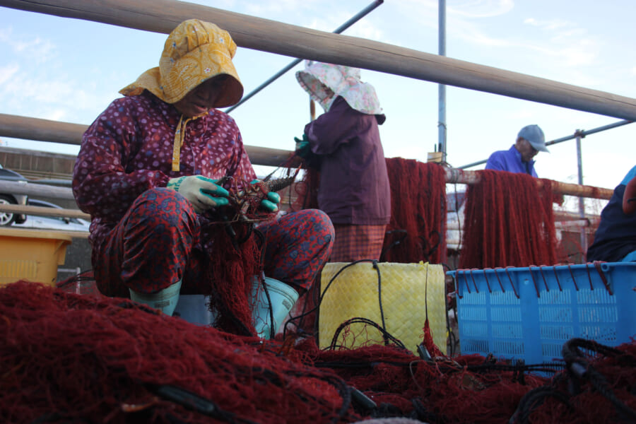 Krebsfischer im Hafen von Wagu.