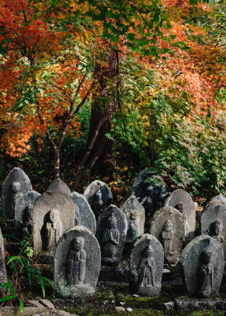 Japanische Steinfiguren im Wald mit japanischem Ahorn.