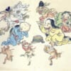 Zeichnung von mehreren bunten Yokai mit gruseligen Gesichtern, die verschiedenen Aktivitäten nachgehen.