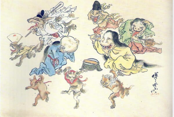 Zeichnung von mehreren bunten Yokai mit gruseligen Gesichtern, die verschiedenen Aktivitäten nachgehen.
