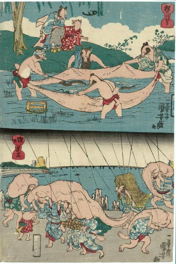 Illustrationen von Tanuki, die ihre Hoden zum Fischen benutzen. 