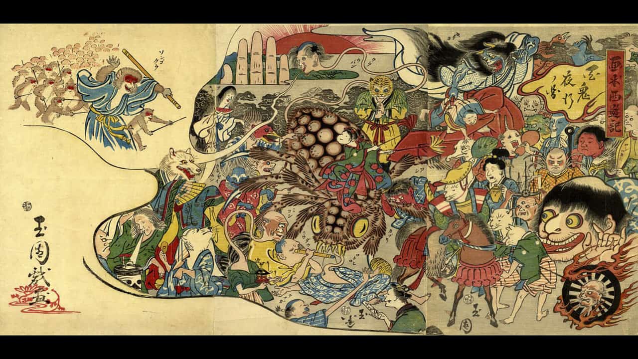 Kunstwerk von verschiedenen bunten Yokai, "Nacht der 100 Dämonen".