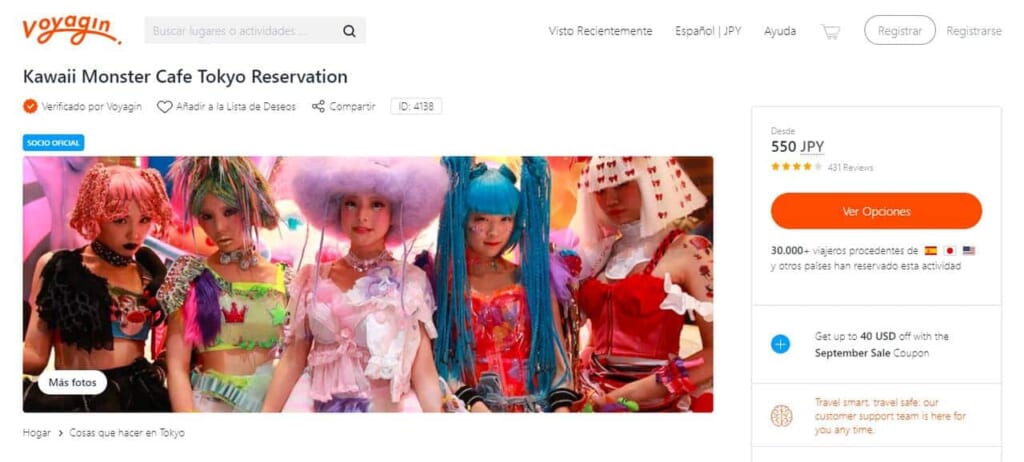 Pagina web del GoVoyagin sul Kawaii Monster Cafe di Harajuku