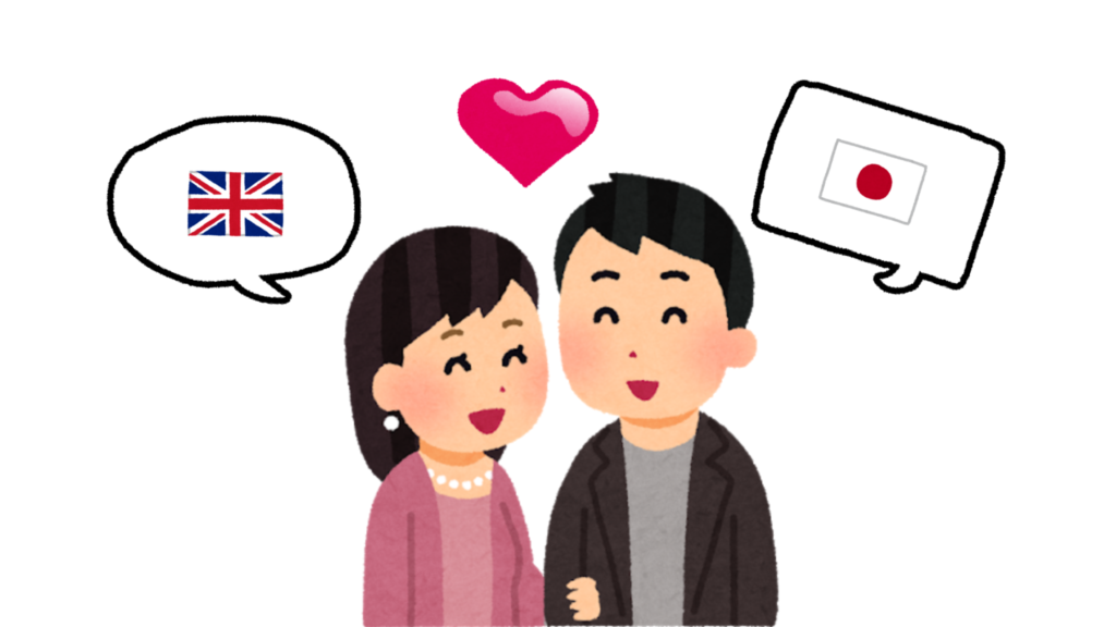 Illustrazione di una coppia mista che parla inglese e giapponese