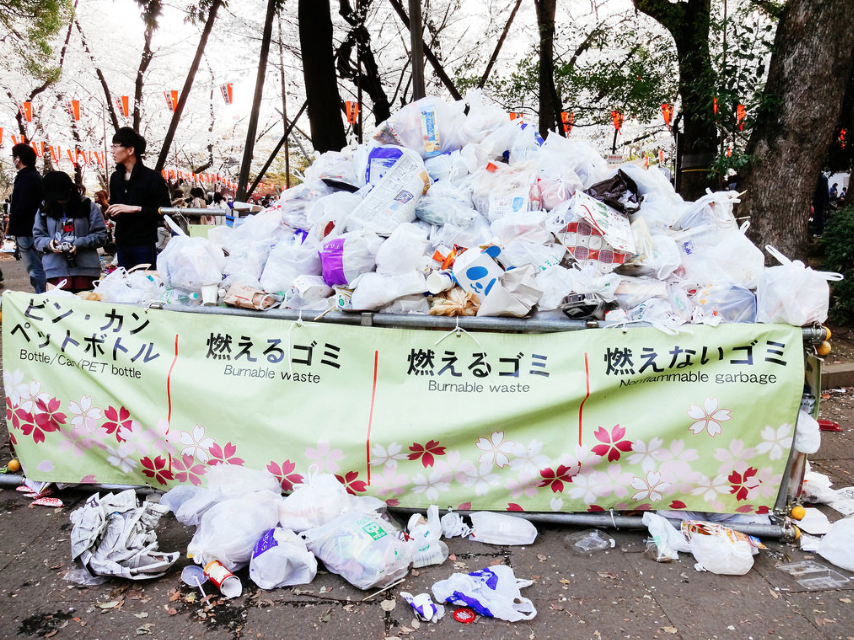 cestino dei rifiuti pieno dopo lo hanami in Giappone