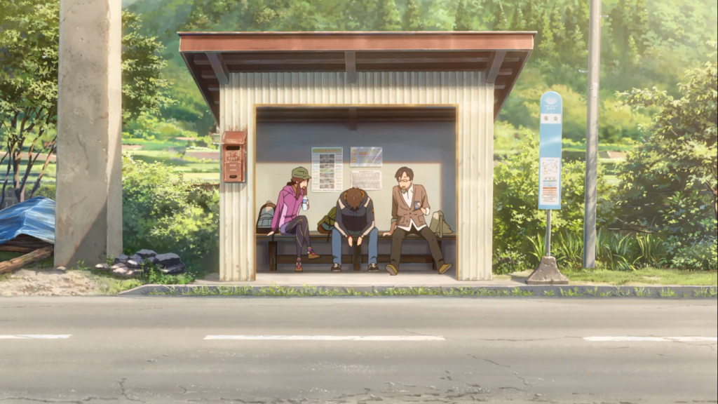 Una scena alla fermata dell'autobus dal film di animazione "Your Name"