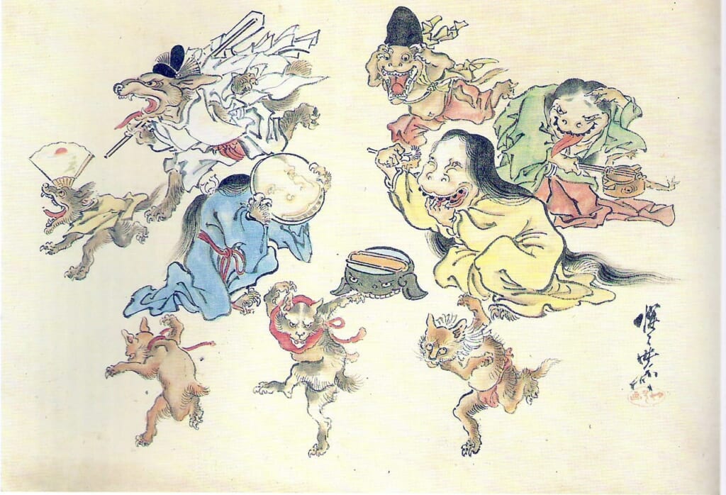 Yokai che sfilano e danzano in "Hyakki Yakō" di Kawanabe Kyōsai