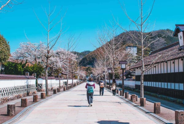 Turista cammina per strada in Giappone
