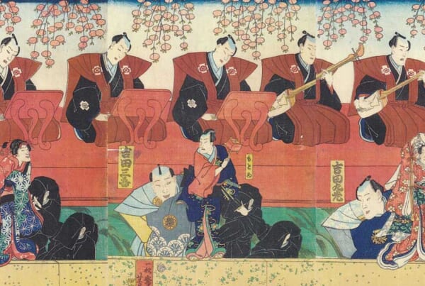 stampa raffigurante una performance di tokiwazubushi nel ningyo joruri