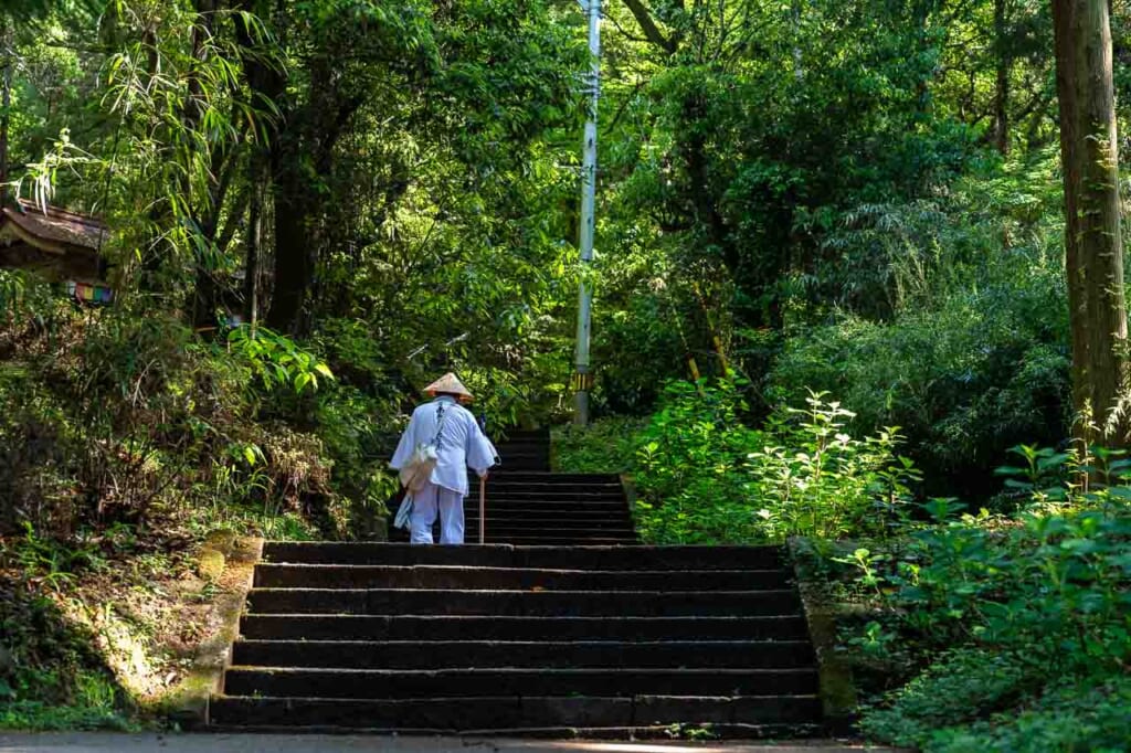 Un pellegrino si incammina verso il tempio 