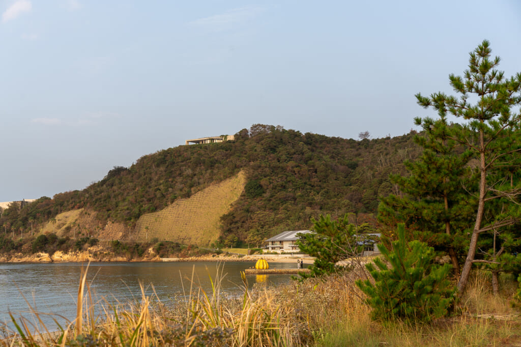 La zucca gialla di Yayoi Kusama sulla spiaggia del Benesse Art Museum di Naoshima