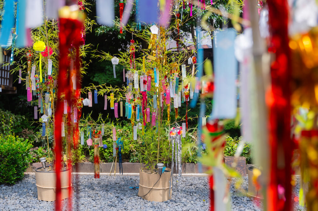 Festival di Tanabata decorazioni di carta su rami di bambu